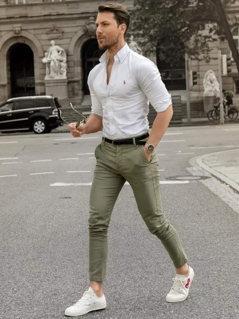 green pants with white shirt 1695038186
